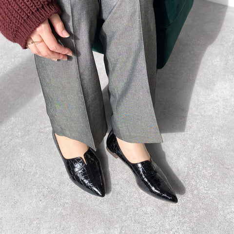 ラストワン2025SSBI:ポインテッドトゥ フラット 切替ドレスシューズ(154)ブラックCR/mamian(マミアン)