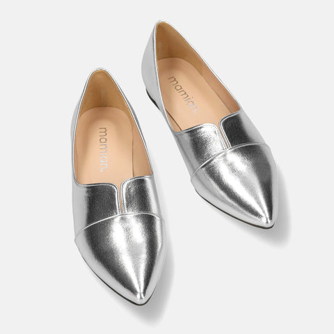 ラストワン2025SSBI:ポインテッドトゥ フラット 切替ドレスシューズ(154)シルバー/mamian(マミアン)