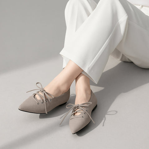2025AW:レースアップデザイン フラットシューズ(m17060)グレージュS/mamian(マミアン)