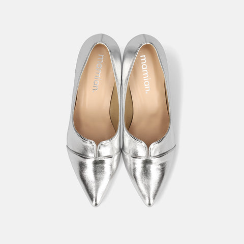 10%OFF:2025SSBI:ポインテッドトゥ 切替 パンプス(5154)シルバー/mamian(マミアン)