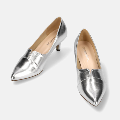 10%OFF:2025SSBI:ポインテッドトゥ 切替 パンプス(5154)シルバー/mamian(マミアン)