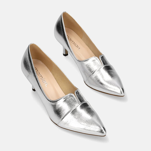 10%OFF:2025SSBI:ポインテッドトゥ 切替 パンプス(5154)シルバー/mamian(マミアン)