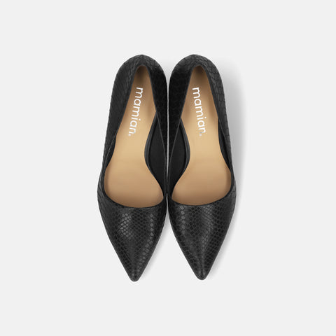 2025AW:サイドコンシャス デザイン パンプス(m45007)ブラックリザード/mamian(マミアン)