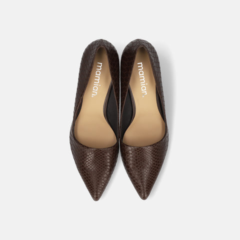 2025AW:サイドコンシャス デザイン パンプス(m45007)ダークブラウンリザード/mamian(マミアン)