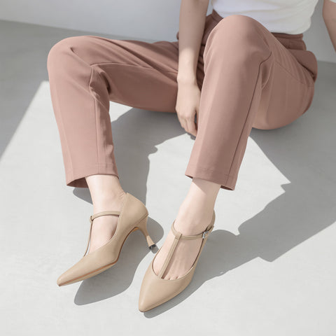2022AW: T-strap pumps 7cm heel (m72003) Greige